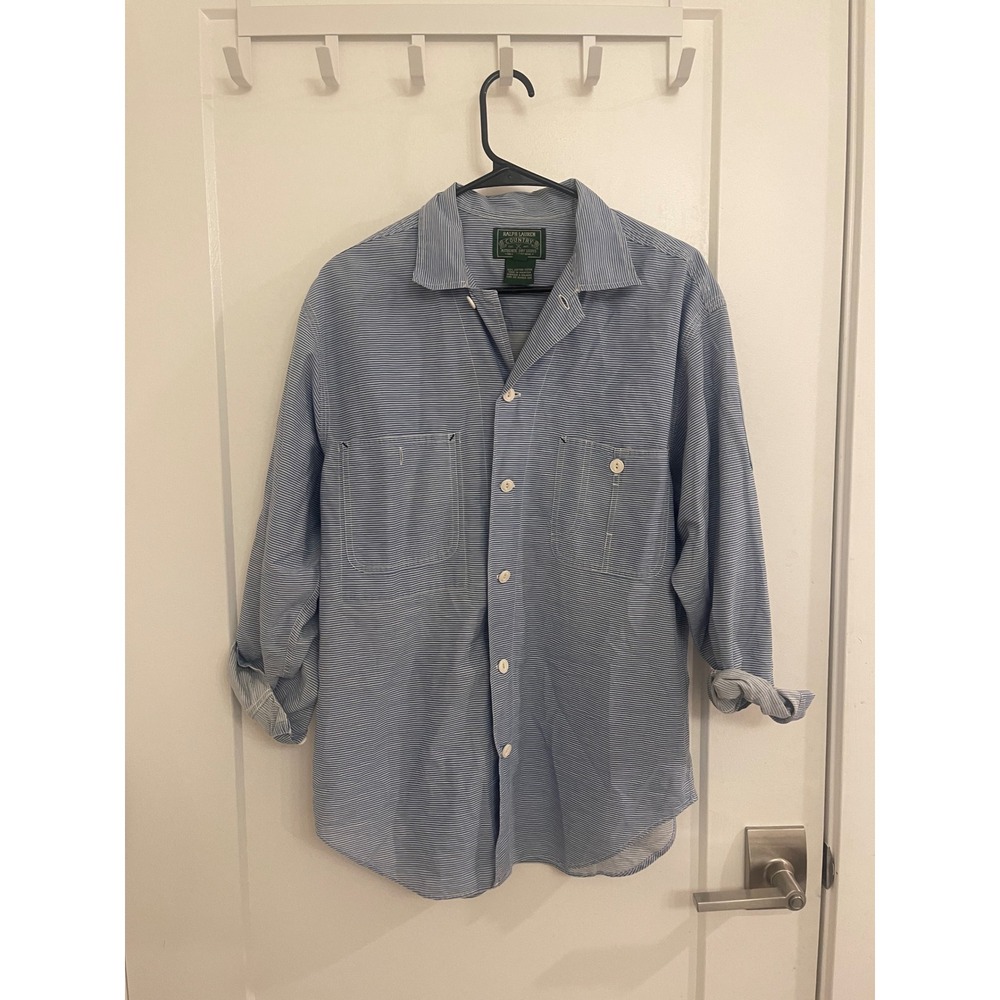 Vintage Ralph Lauren Country Blue Striped Western Button Down Shirt Summer